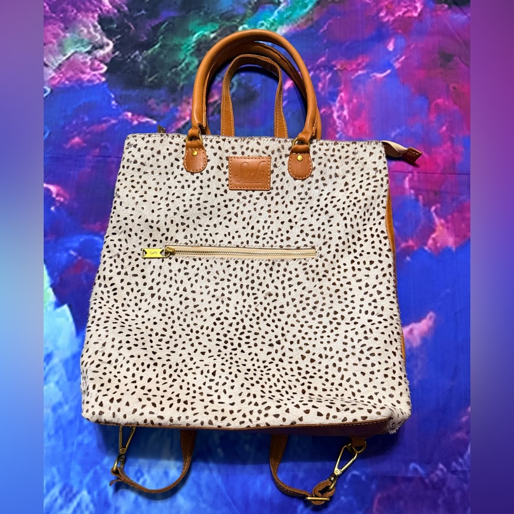 Sseko Spotted Cream and Tan Leather convertible Backpack Tote